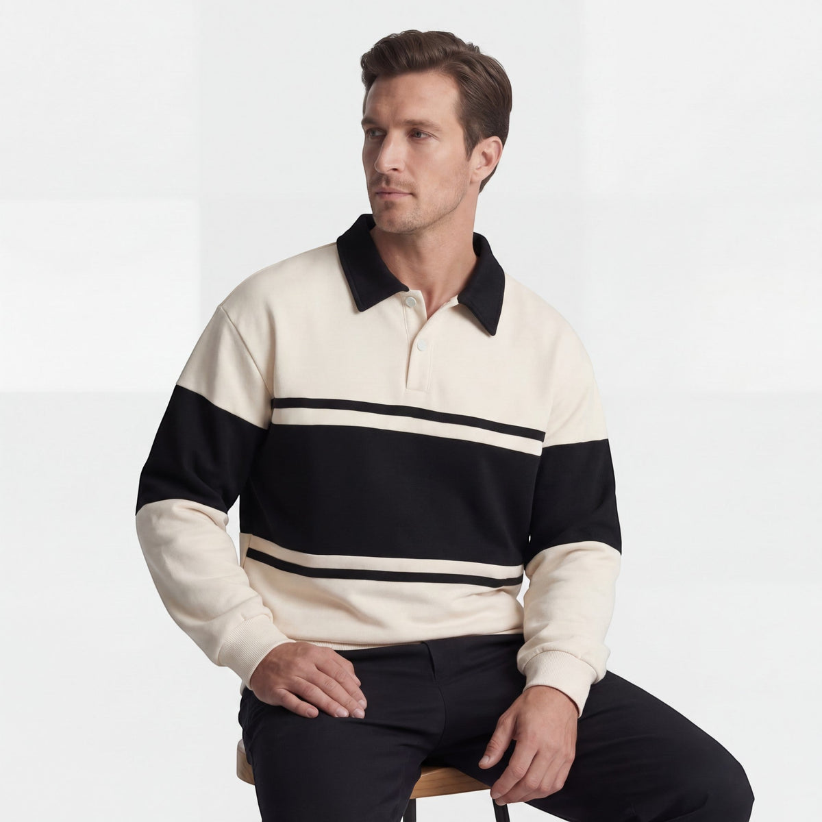 Men's Striped Polo Sweatshirt – Relaxed Cotton-Blend Fit