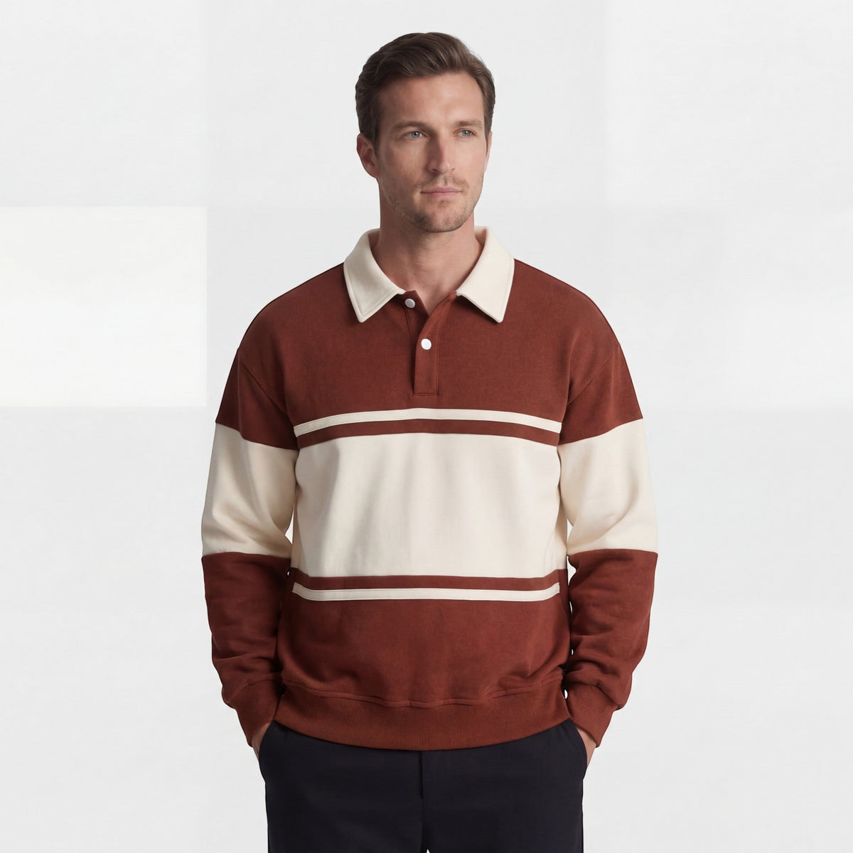 Men's Striped Polo Sweatshirt – Relaxed Cotton-Blend Fit