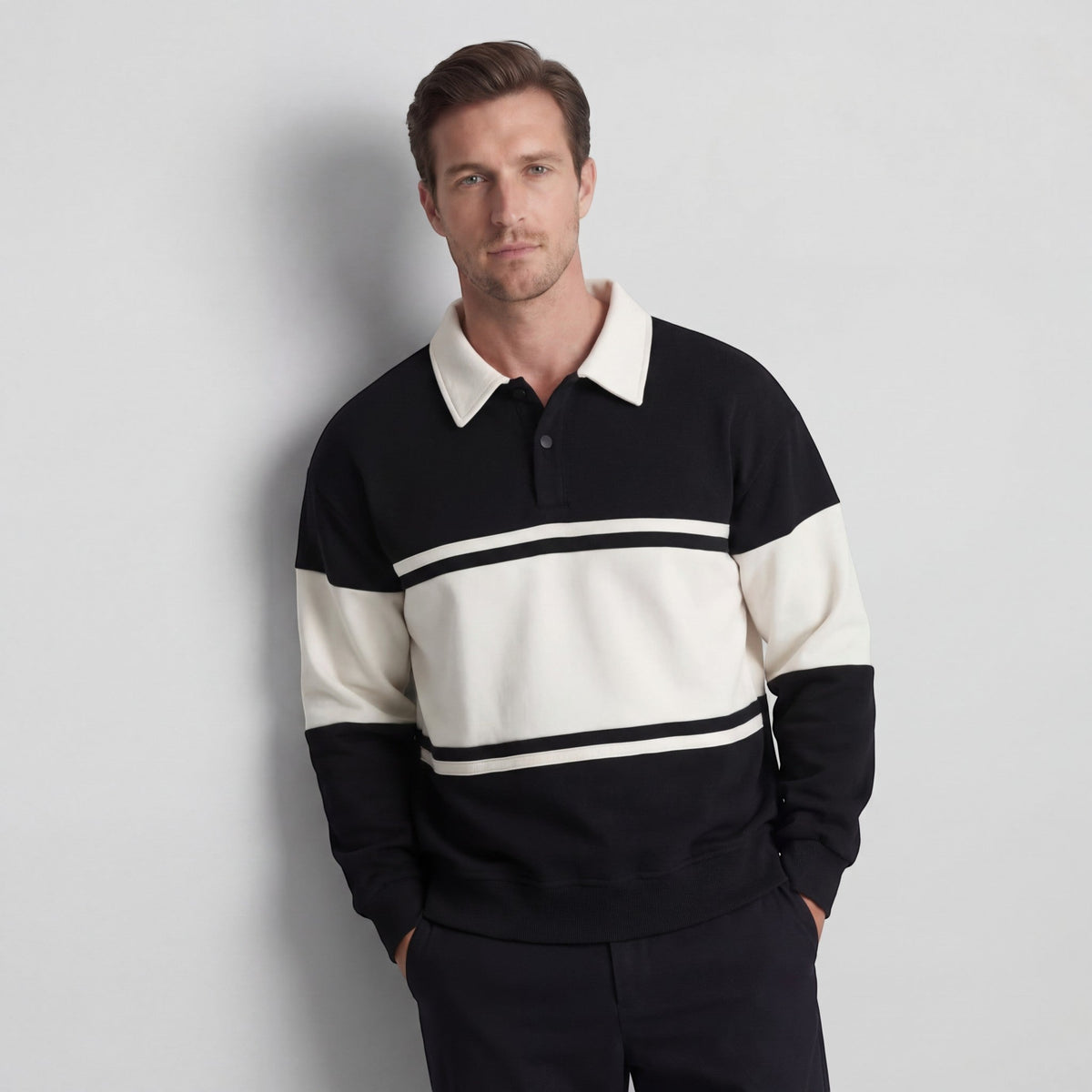 Men's Striped Polo Sweatshirt – Relaxed Cotton-Blend Fit