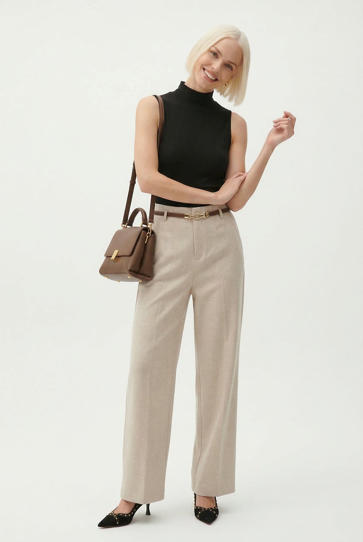 Women's Wide-Leg Wool-Blend Pants – High-Waist Belted