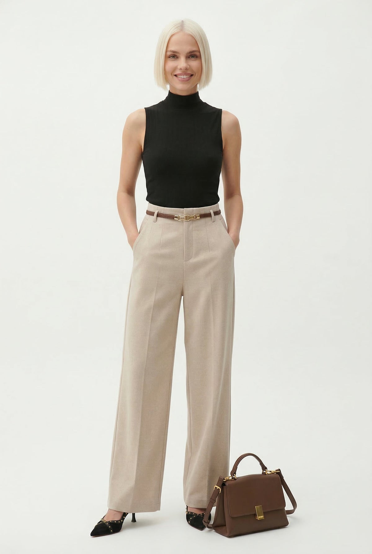 Women's Wide-Leg Wool-Blend Pants – High-Waist Belted