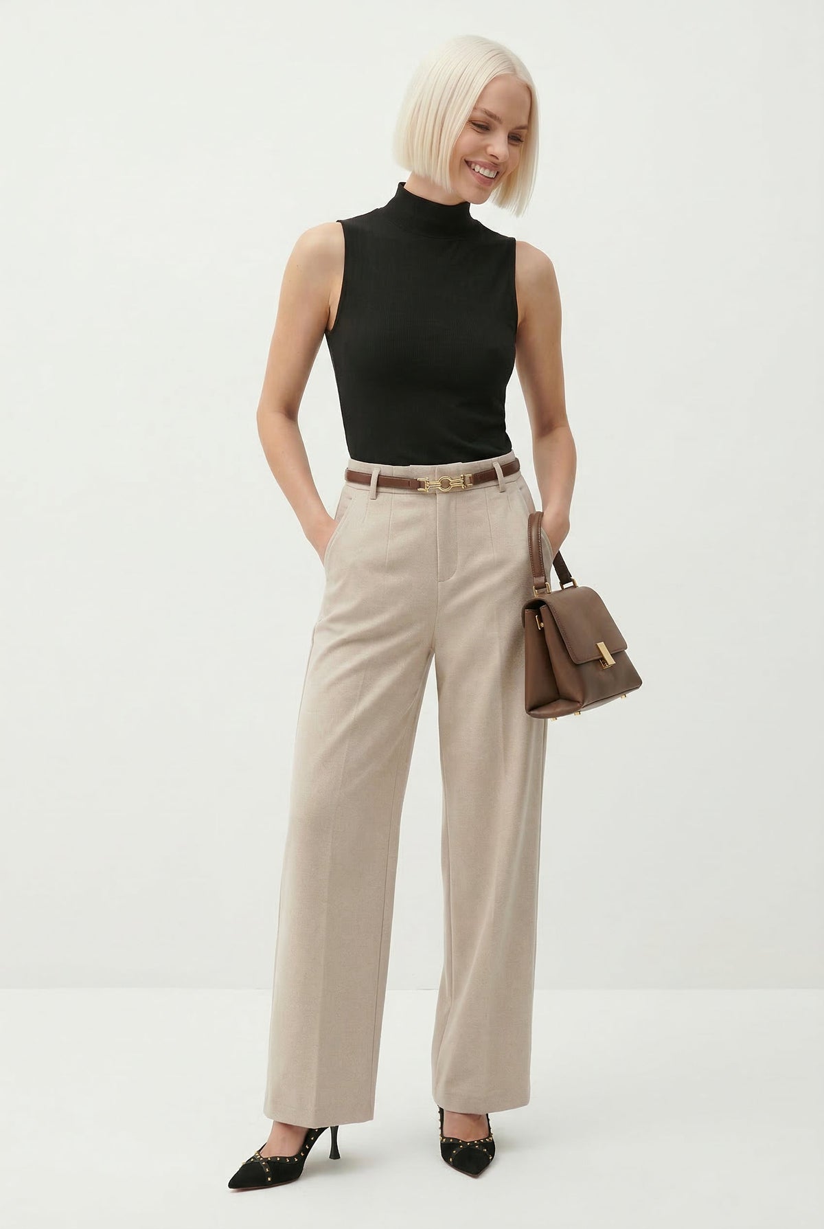 Women's Wide-Leg Wool-Blend Pants – High-Waist Belted