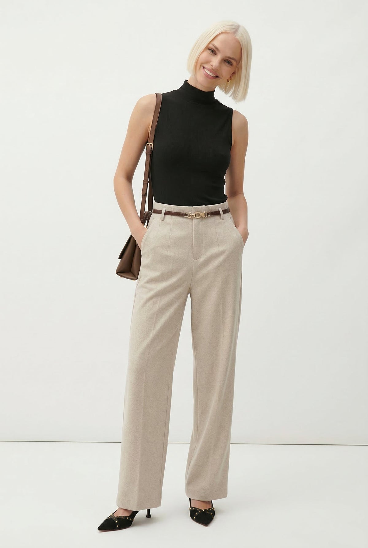 Women's Wide-Leg Wool-Blend Pants – High-Waist Belted