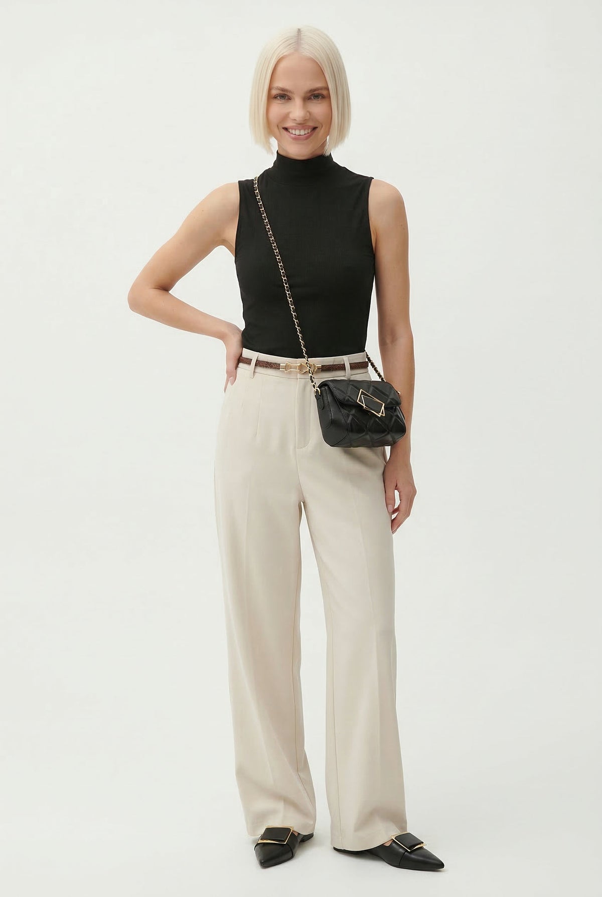 Women's Wide-Leg Wool-Blend Pants – High-Waist Belted