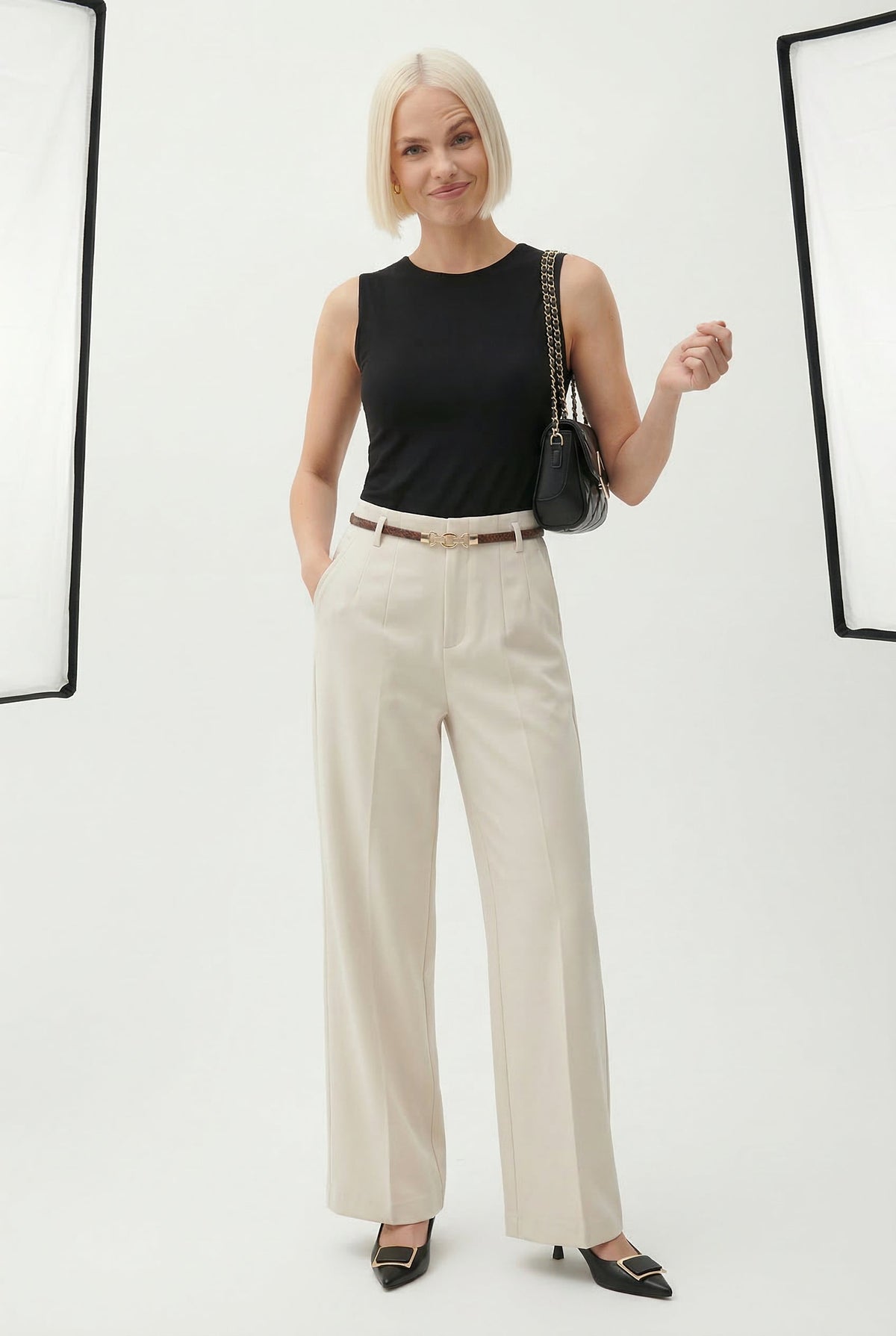 Women's Wide-Leg Wool-Blend Pants – High-Waist Belted