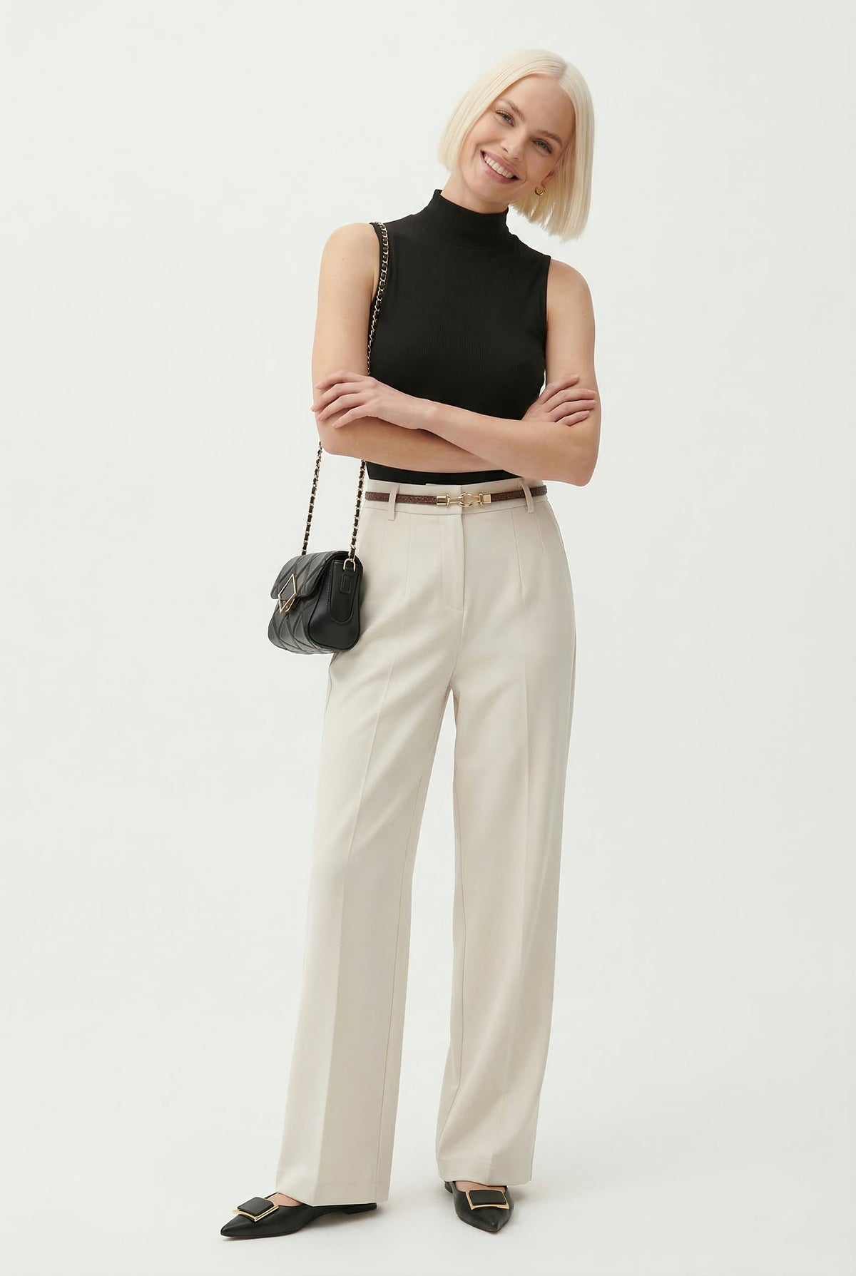 Women's Wide-Leg Wool-Blend Pants – High-Waist Belted