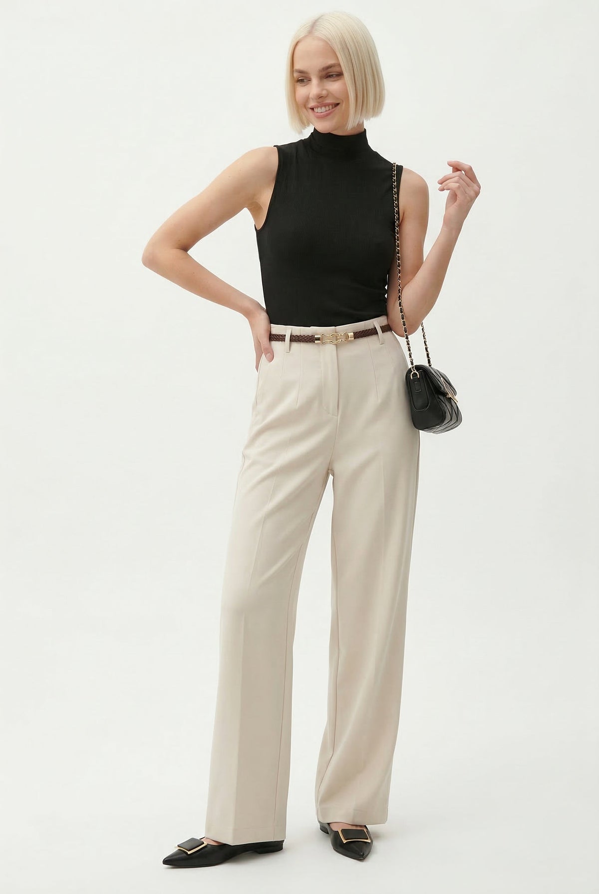 Women's Wide-Leg Wool-Blend Pants – High-Waist Belted