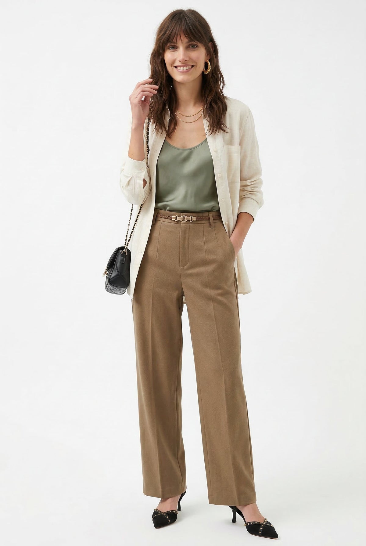 Women's Wide-Leg Wool-Blend Pants – High-Waist Belted