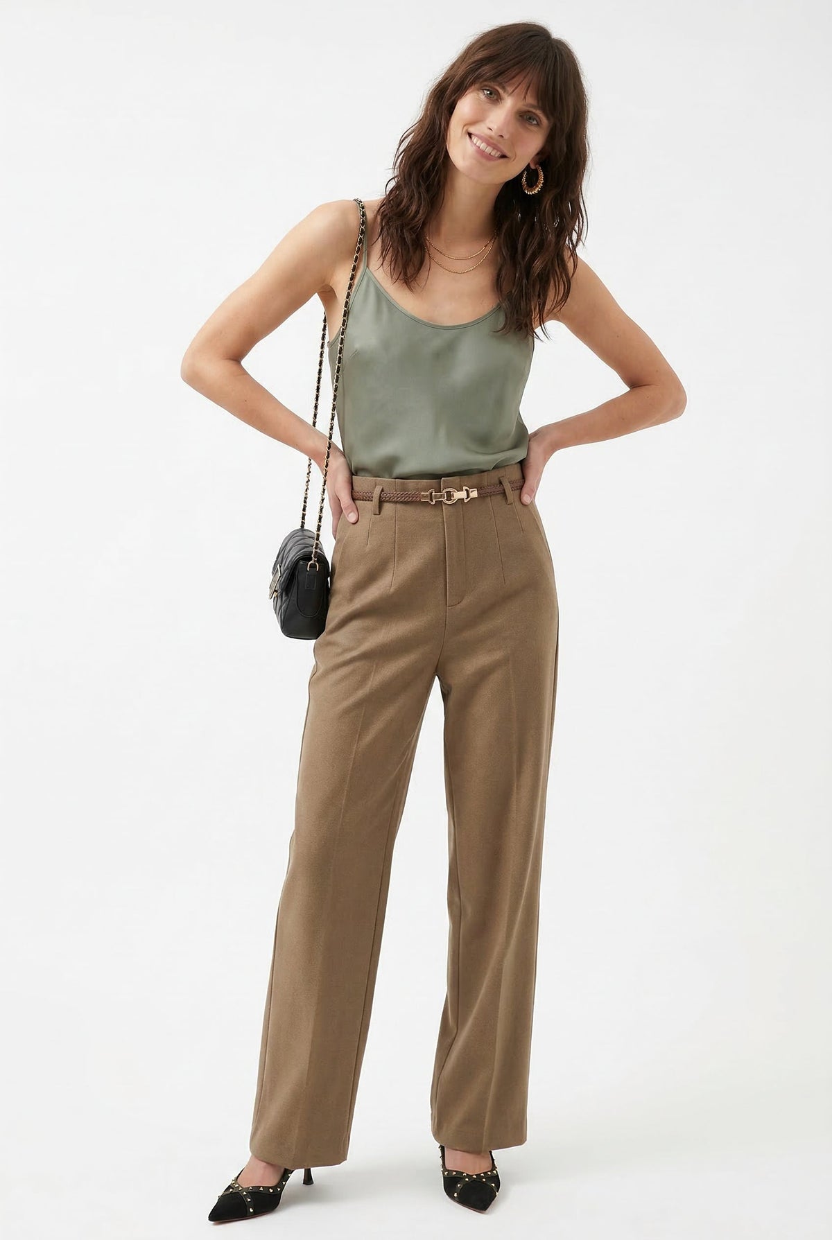Women's Wide-Leg Wool-Blend Pants – High-Waist Belted