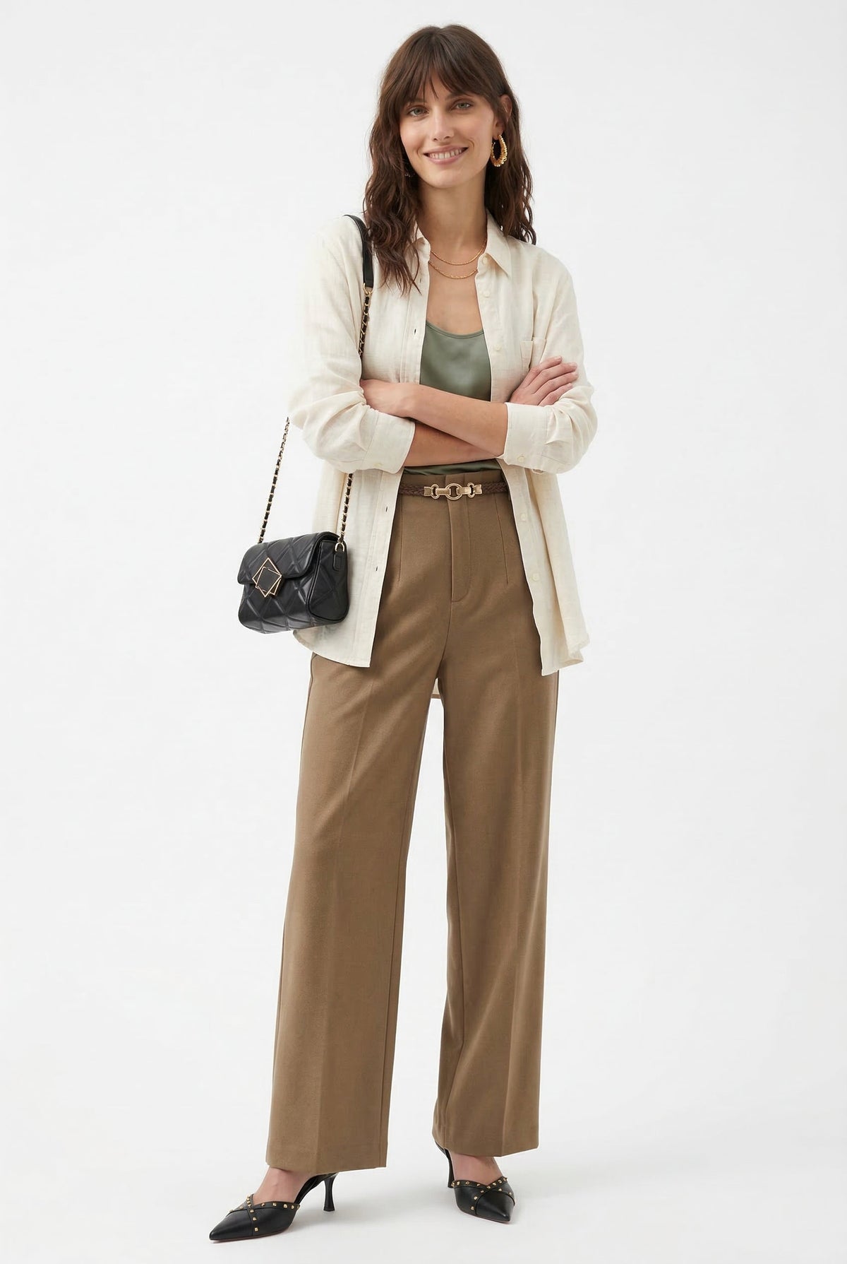 Women's Wide-Leg Wool-Blend Pants – High-Waist Belted
