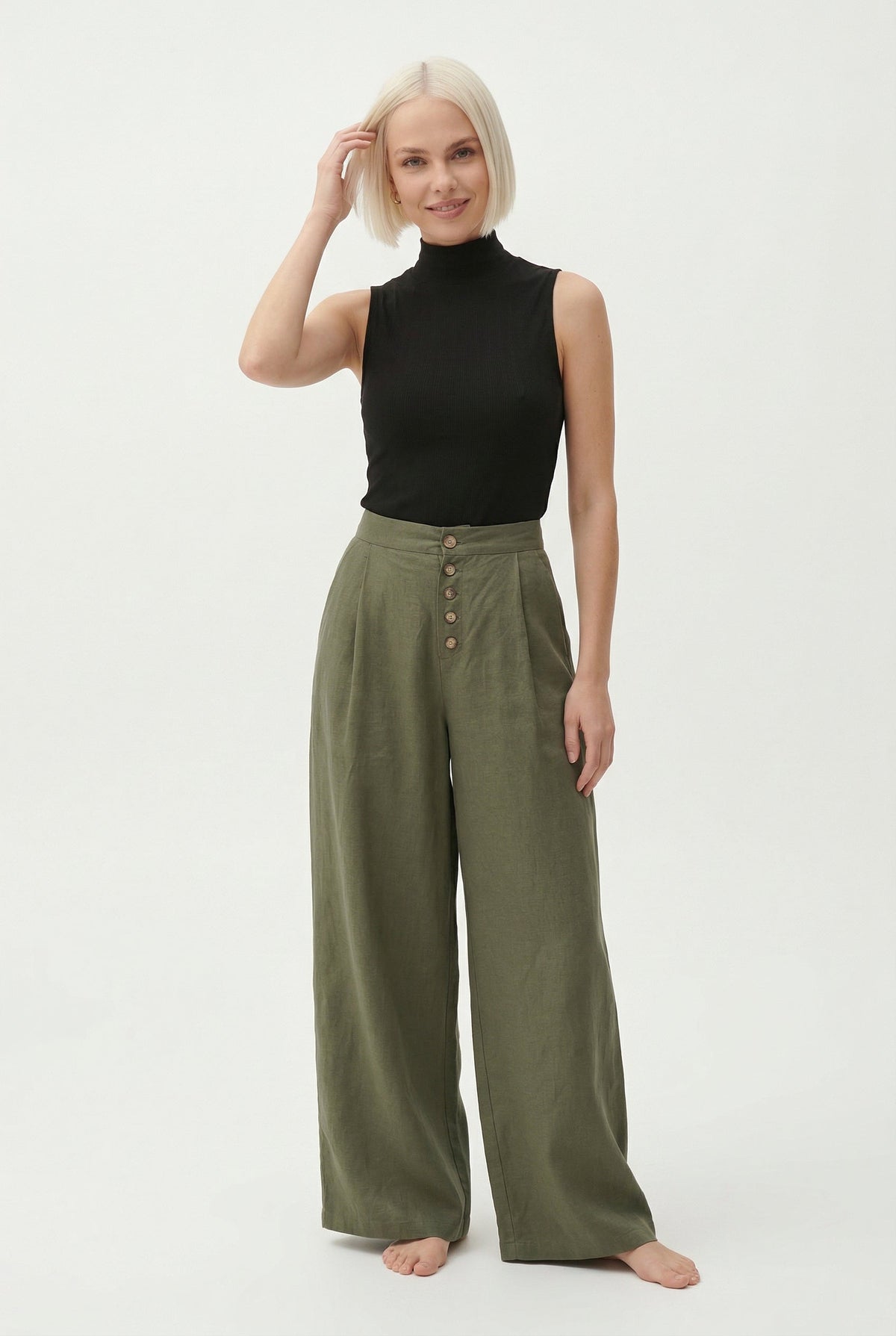 Women's Wide-Leg Cotton Pants – Ankle-Length Button Fly
