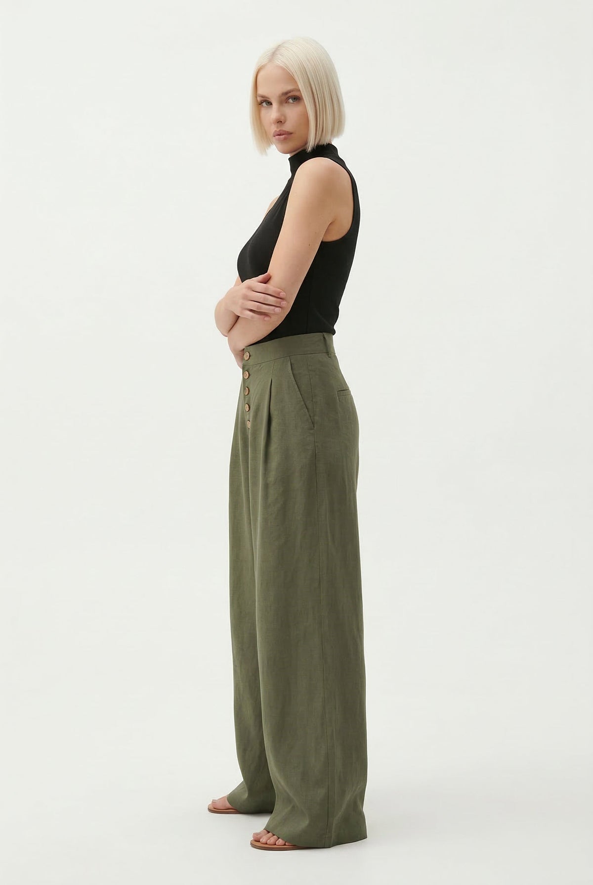 Women's Wide-Leg Cotton Pants – Ankle-Length Button Fly