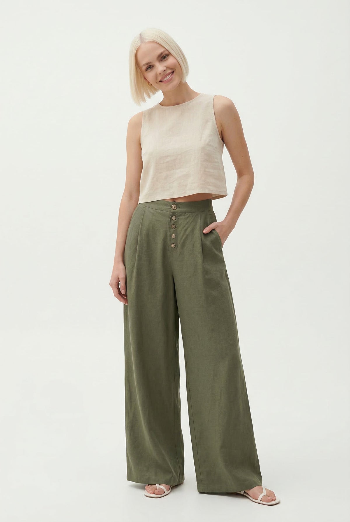 Women's Wide-Leg Cotton Pants – Ankle-Length Button Fly
