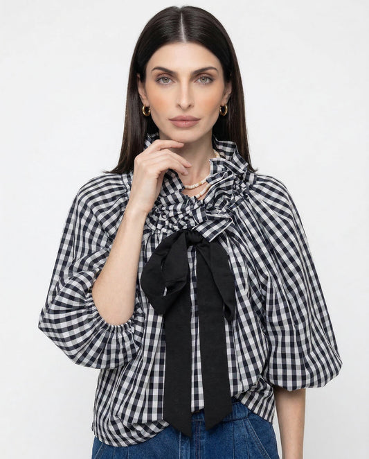Women's Ruffled Collar Blouse – Bow Tie Lantern Sleeve