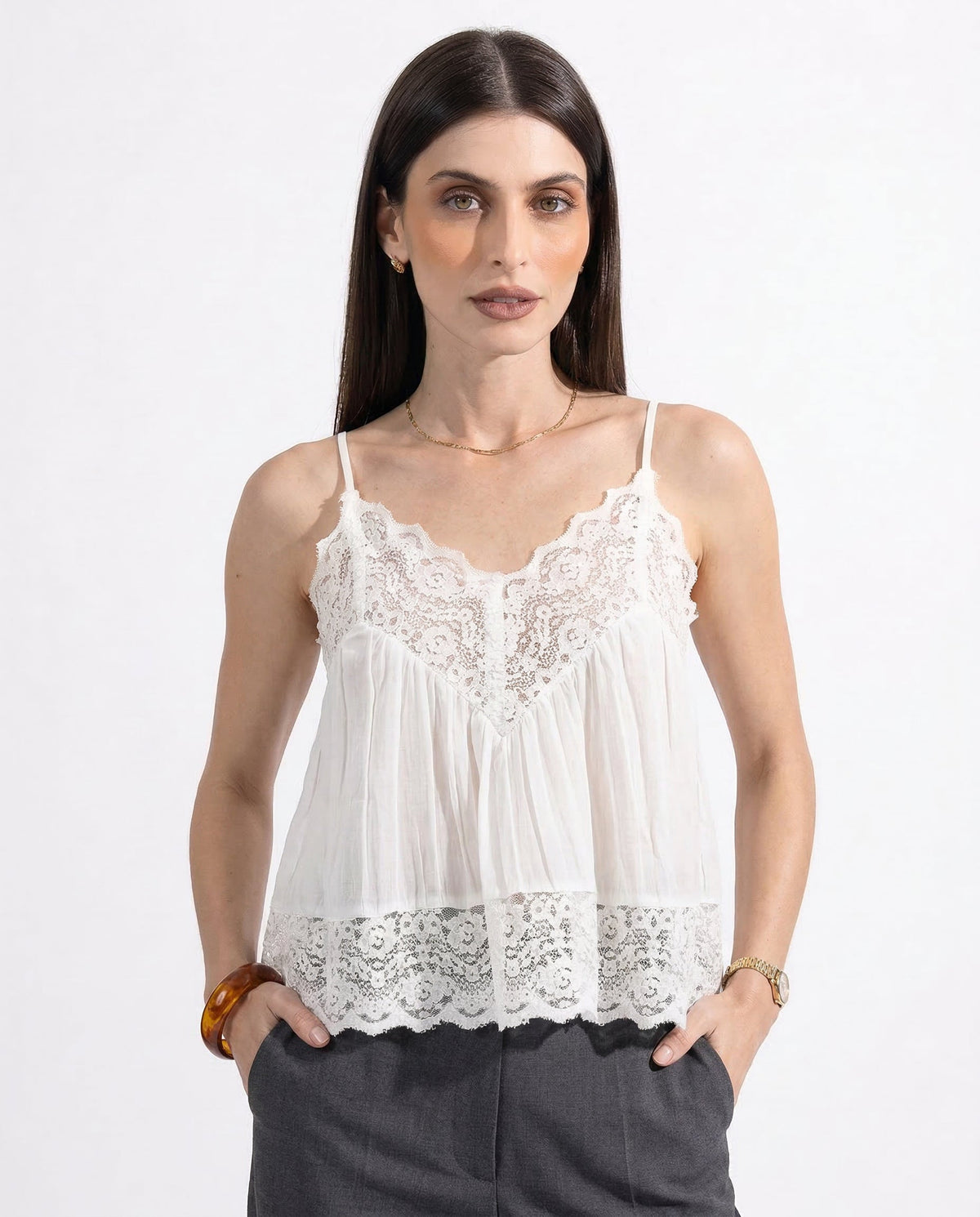 Women's Lace-Trim Cami Top – Sheer Cotton Drape
