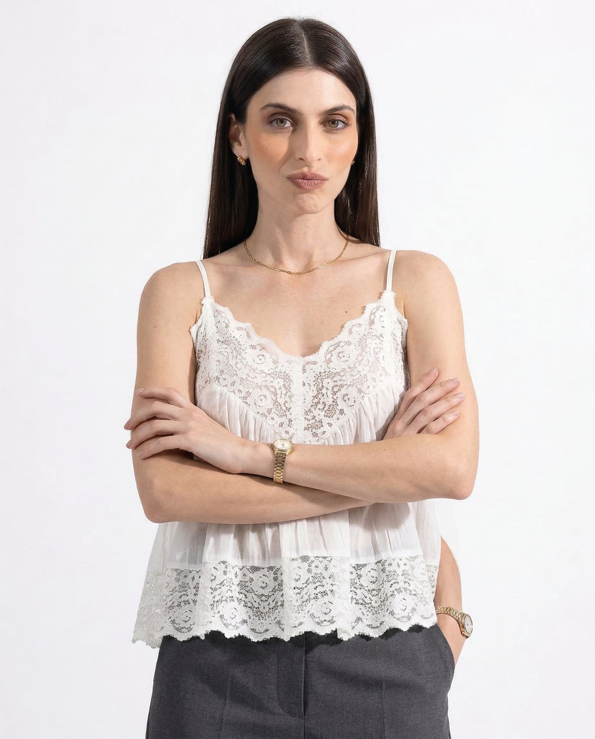 Women's Lace-Trim Cami Top – Sheer Cotton Drape
