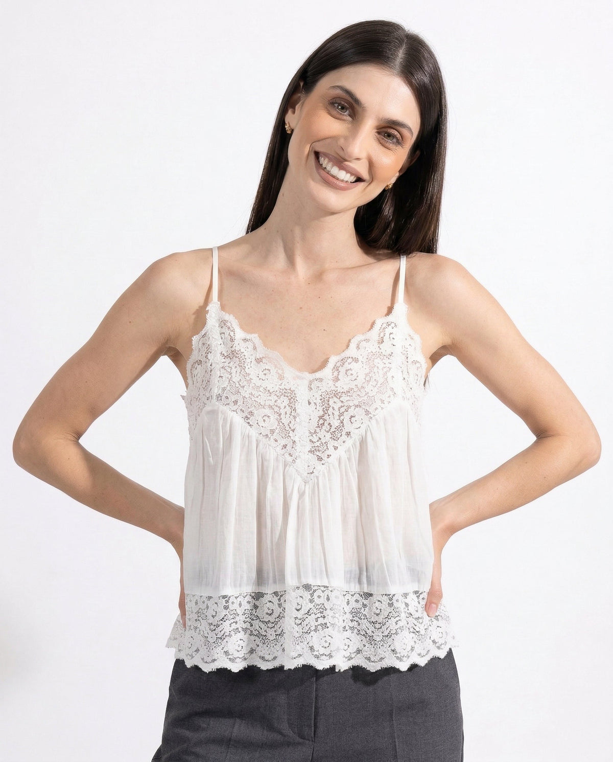 Women's Lace-Trim Cami Top – Sheer Cotton Drape