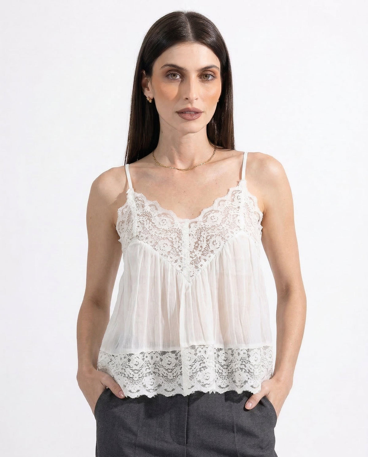 Women's Lace-Trim Cami Top – Sheer Cotton Drape