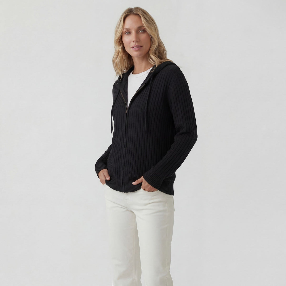 Women's Ribbed Knit Hooded Cardigan – Oversized Full-Zip