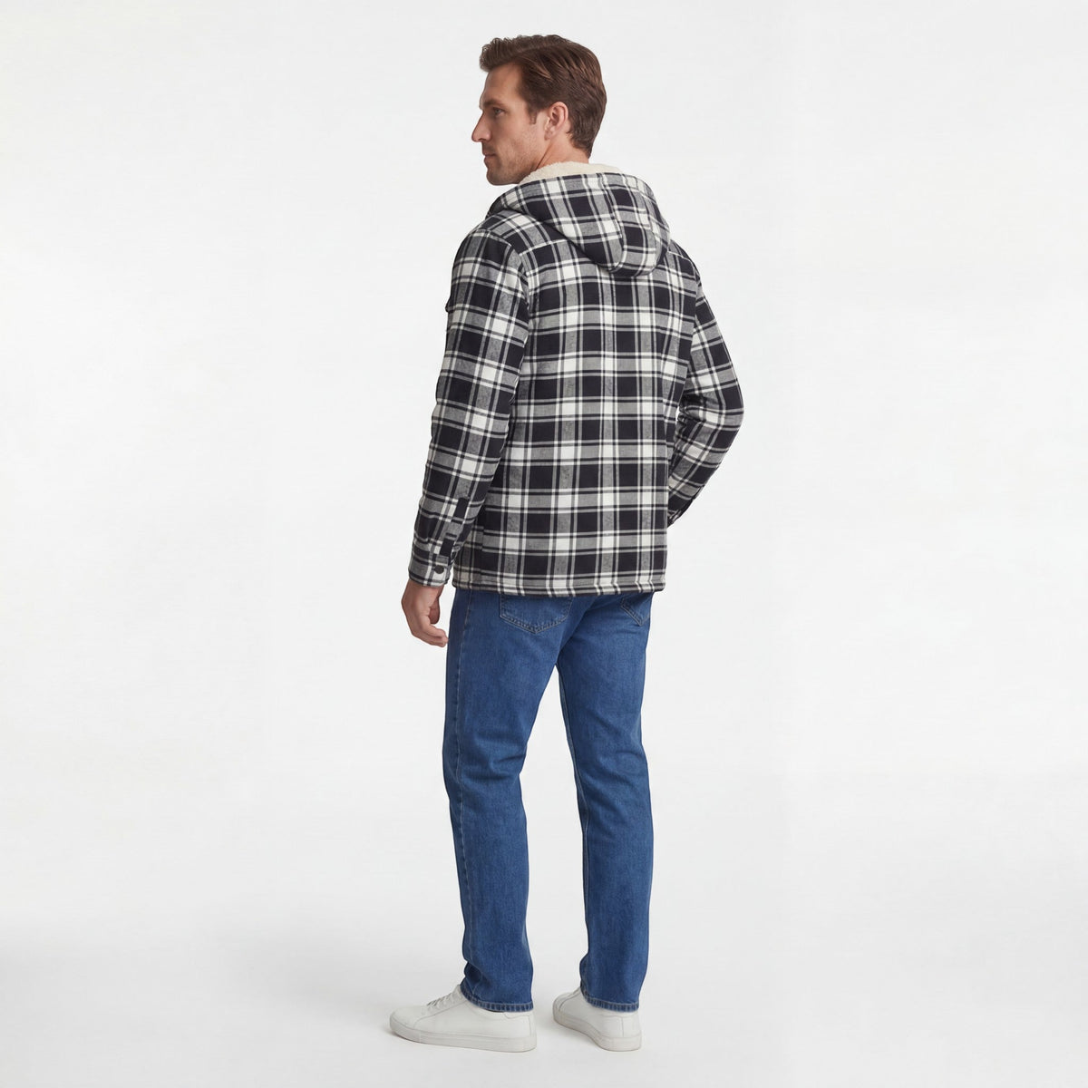 Men's Hooded Cotton-Blend Jacket – Plaid Fleece Lining