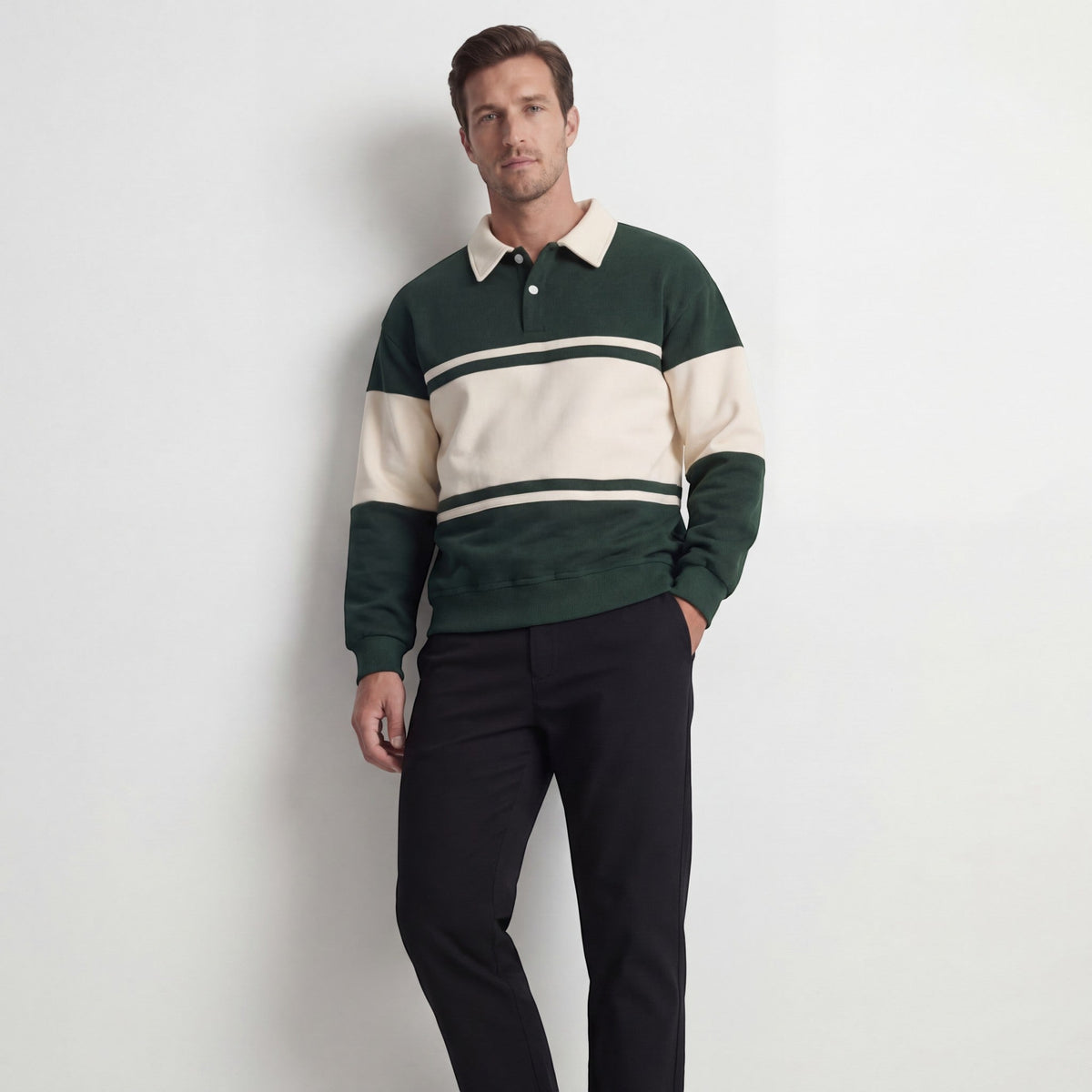 Men's Striped Polo Sweatshirt – Relaxed Cotton-Blend Fit