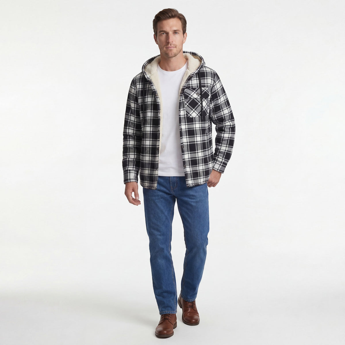 Men's Hooded Cotton-Blend Jacket – Plaid Fleece Lining