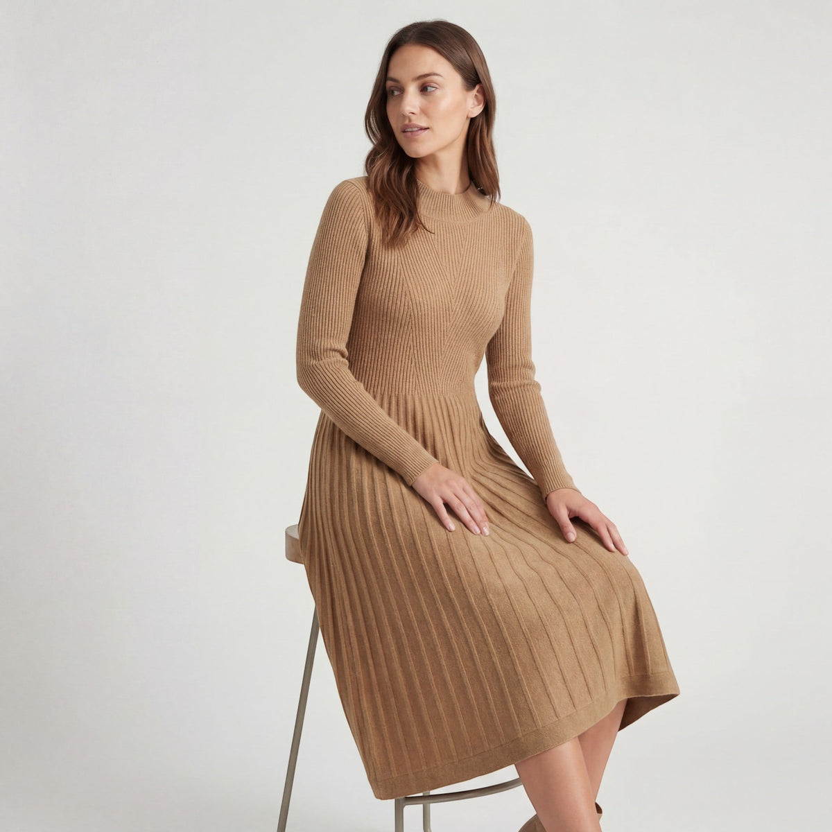 Women's Cashmere Knit Midi Dress – Long Sleeve Relaxed Fit