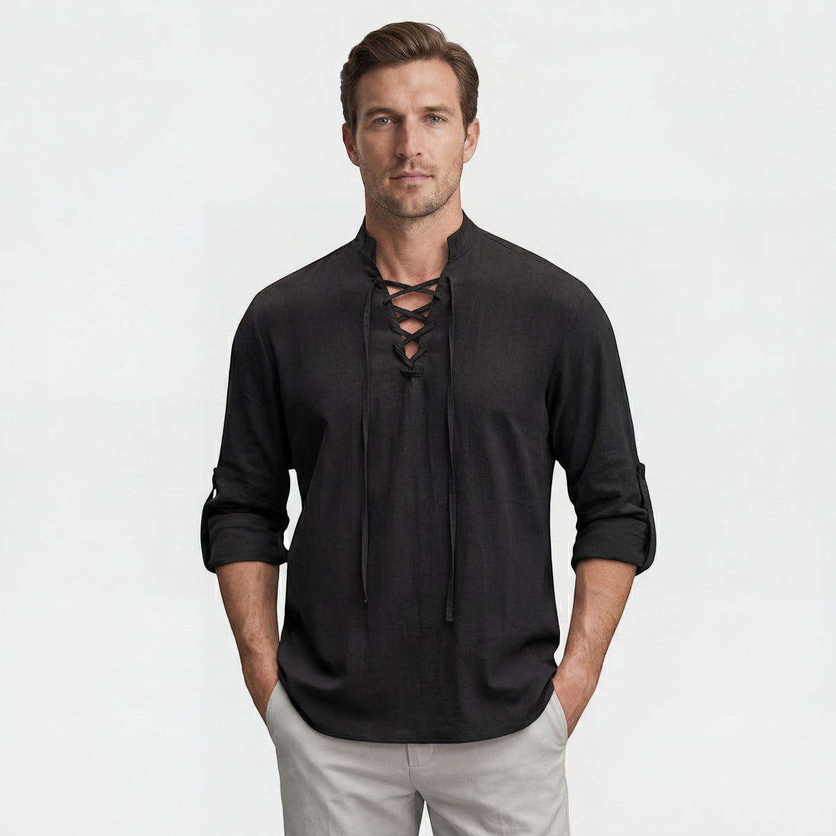 Men's Linen Lace-Up Shirt – Stand Collar Relaxed Fit