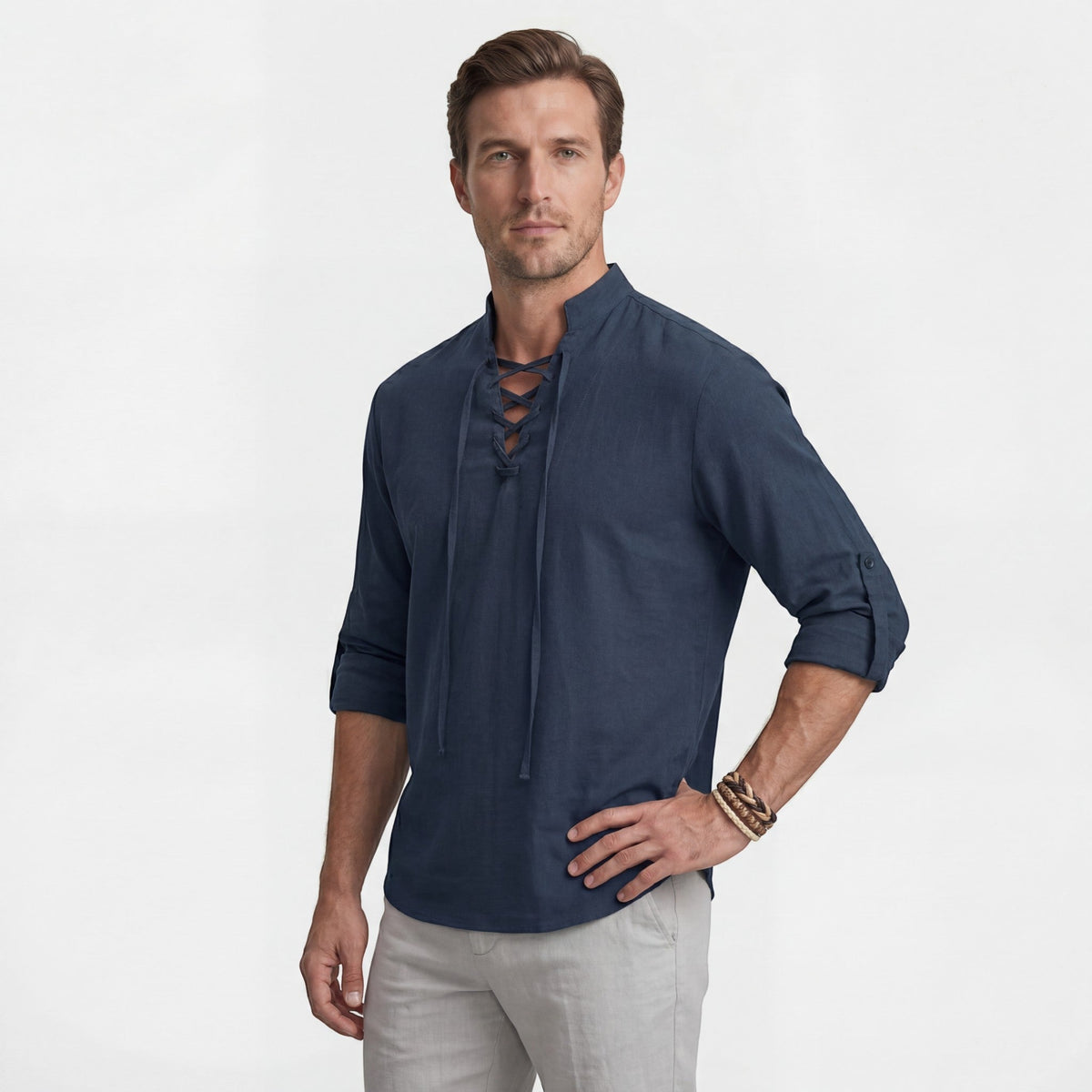 Men's Linen Lace-Up Shirt – Stand Collar Relaxed Fit