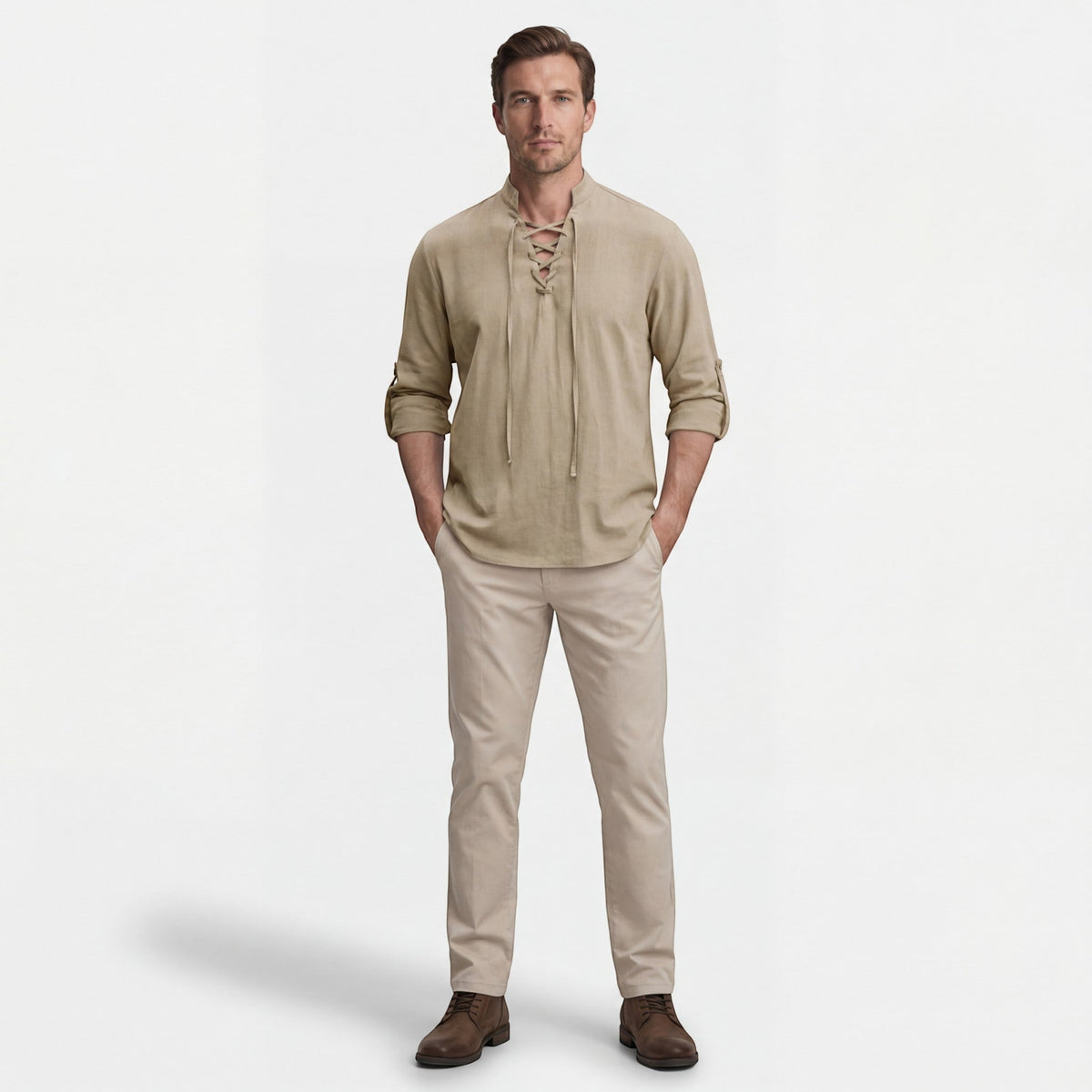 Men's Linen Lace-Up Shirt – Stand Collar Relaxed Fit