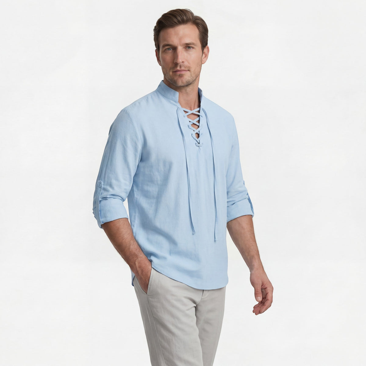 Men's Linen Lace-Up Shirt – Stand Collar Relaxed Fit