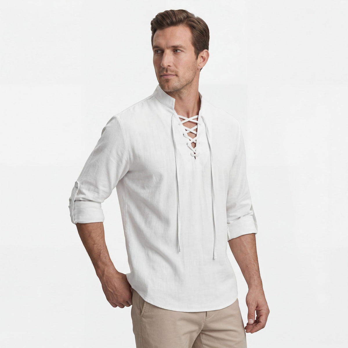 Men's Linen Lace-Up Shirt – Stand Collar Relaxed Fit