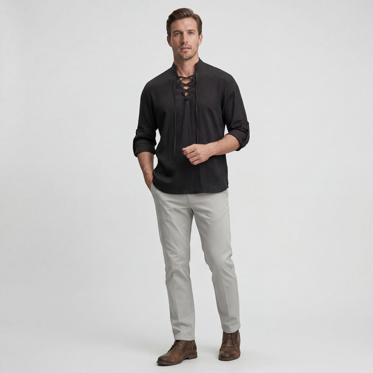 Men's Linen Lace-Up Shirt – Stand Collar Relaxed Fit