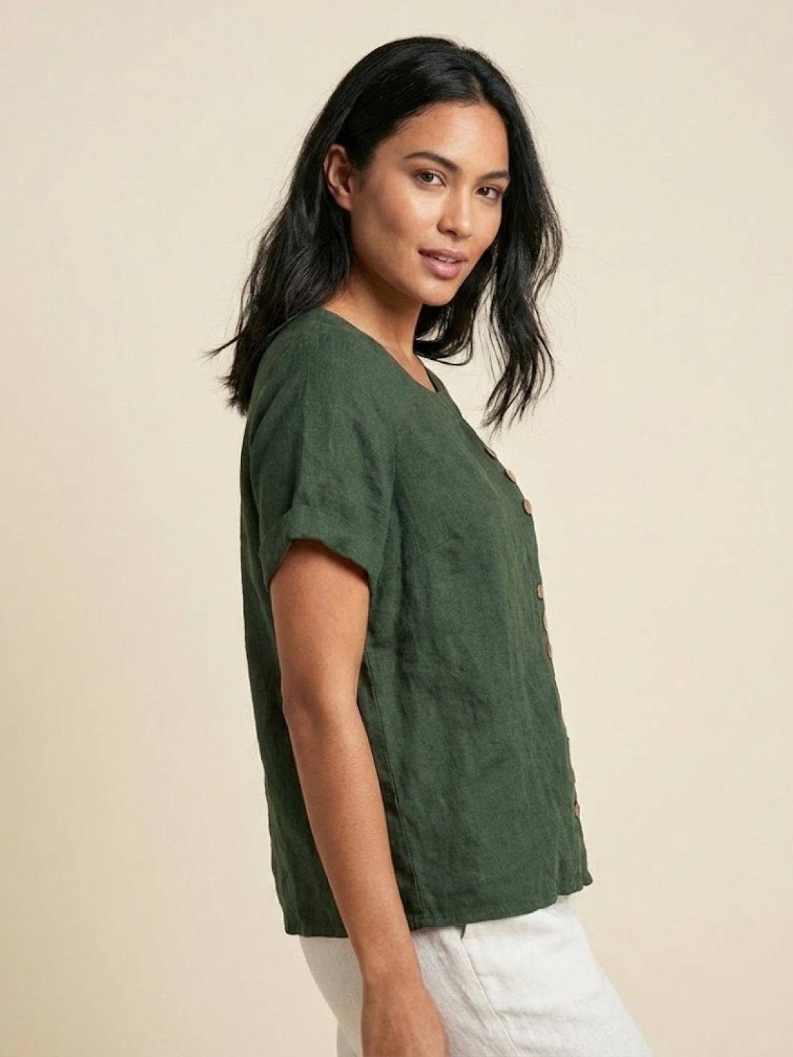 Women's Linen-Blend Blouse – Asymmetric Button Front