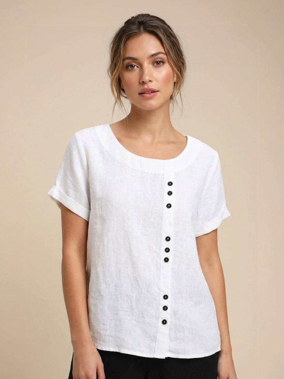 Women's Linen-Blend Blouse – Asymmetric Button Front