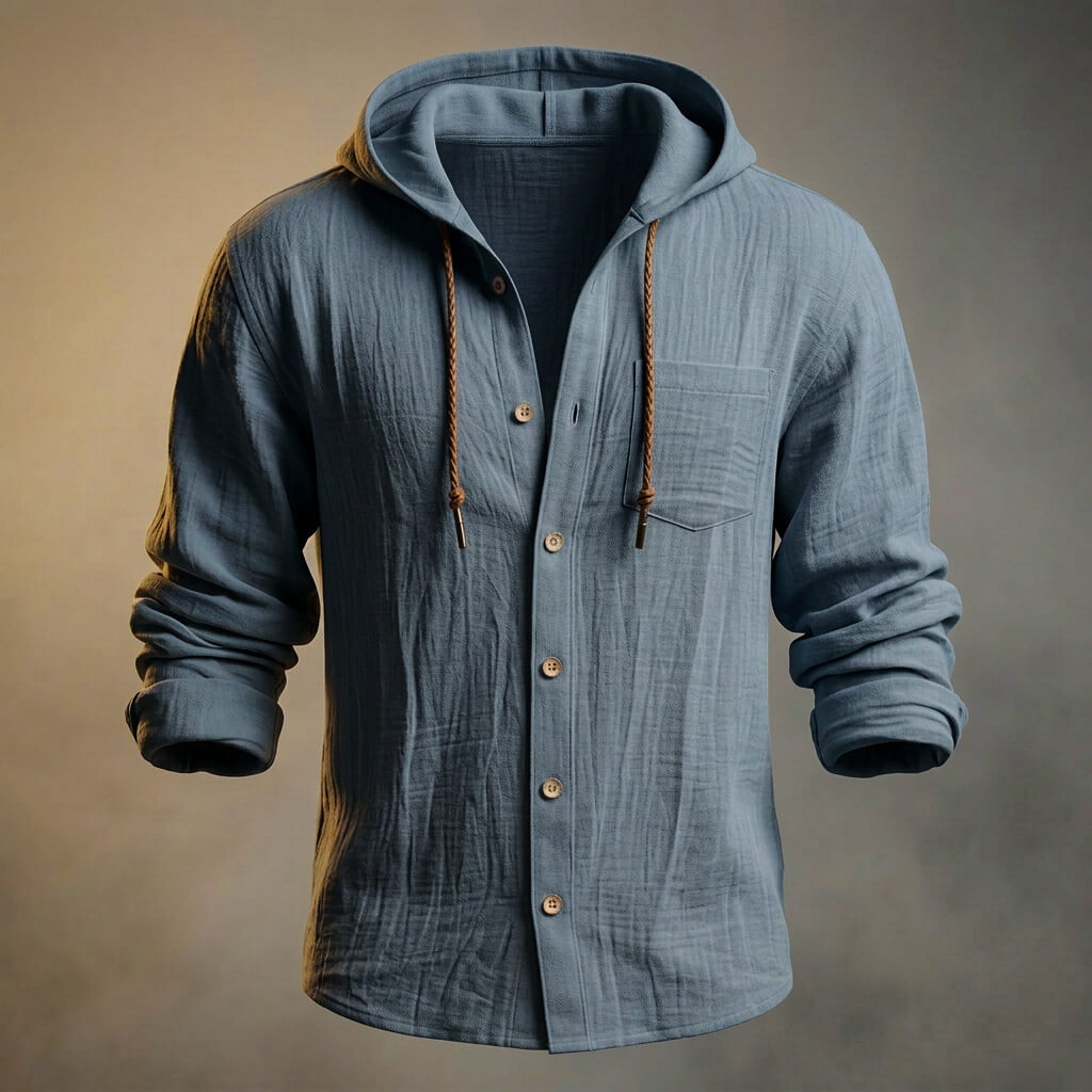 Men's Cotton-Linen Hooded Jacket – Lightweight Button Front
