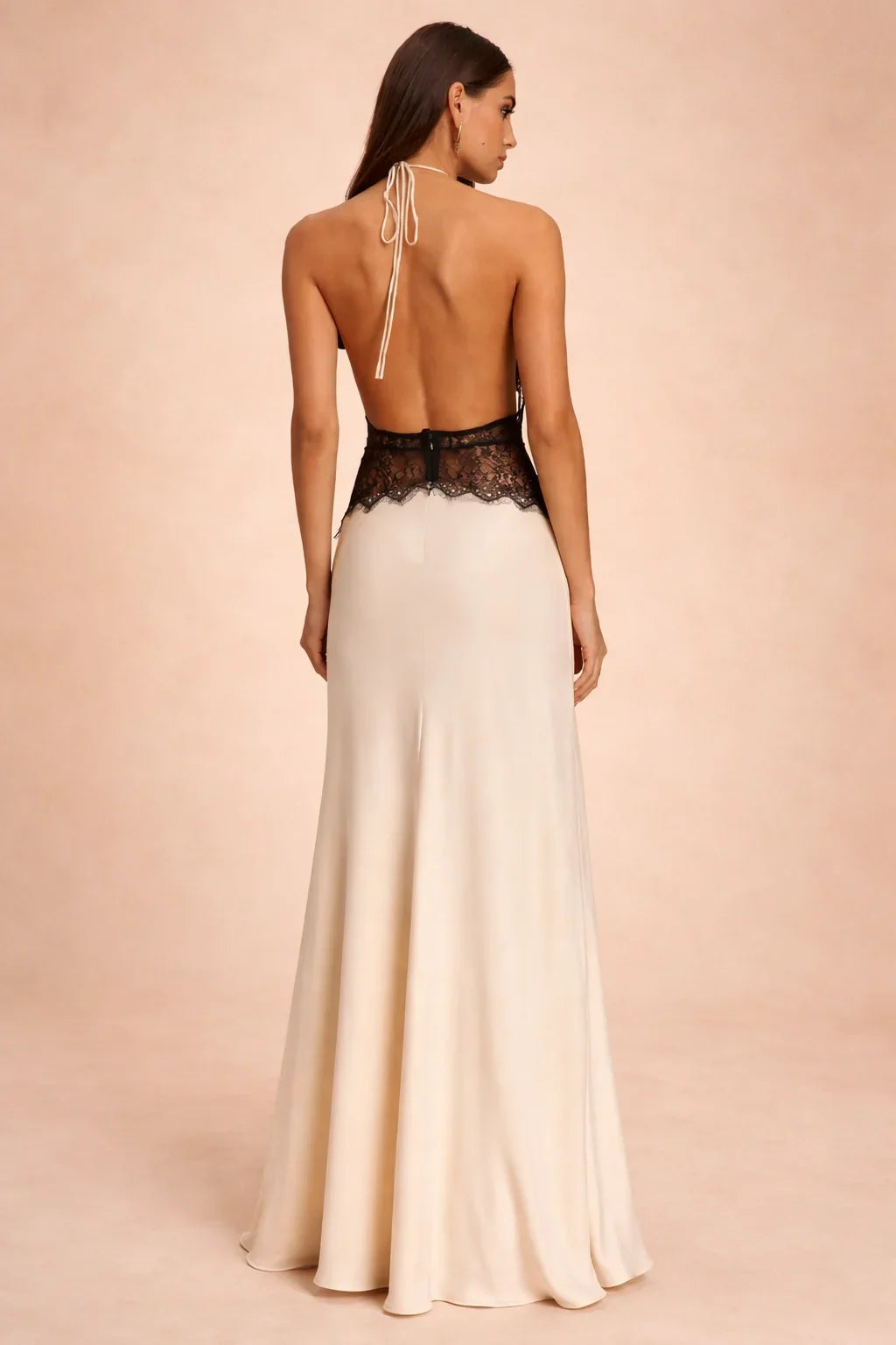 Women's Satin Halter Maxi Dress – Open Back V-Slit