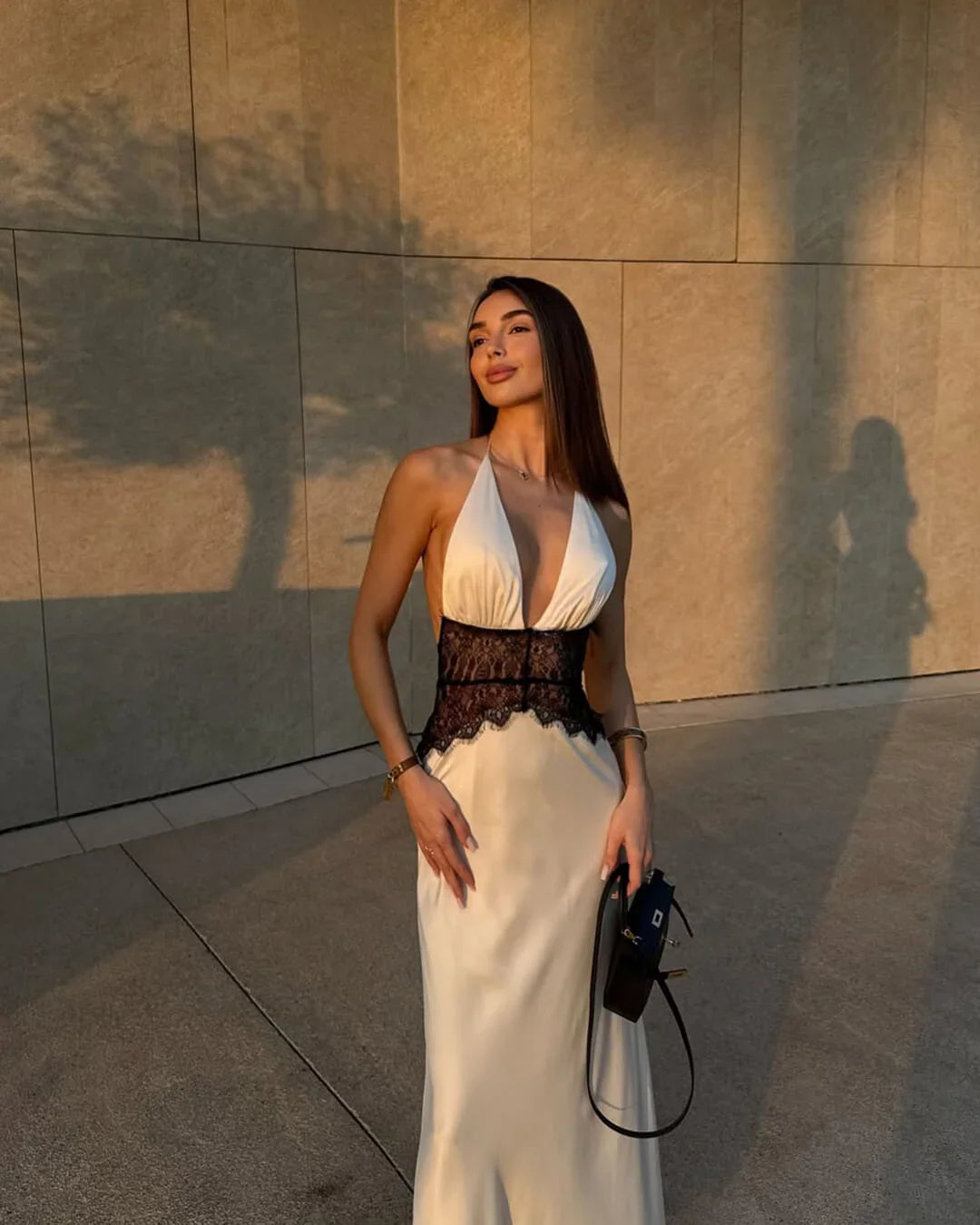 Women's Satin Halter Maxi Dress – Open Back V-Slit