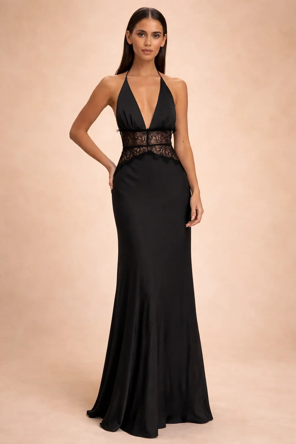 Women's Satin Halter Maxi Dress – Open Back V-Slit