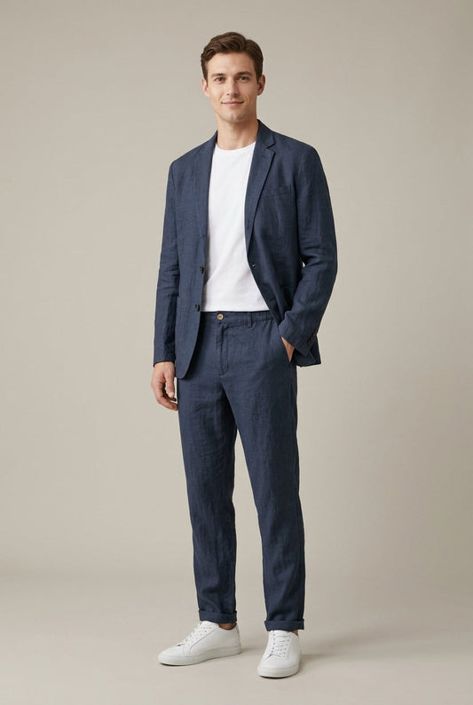 Men's Linen-Blend Suit Set – Single-Button Blazer and Pants