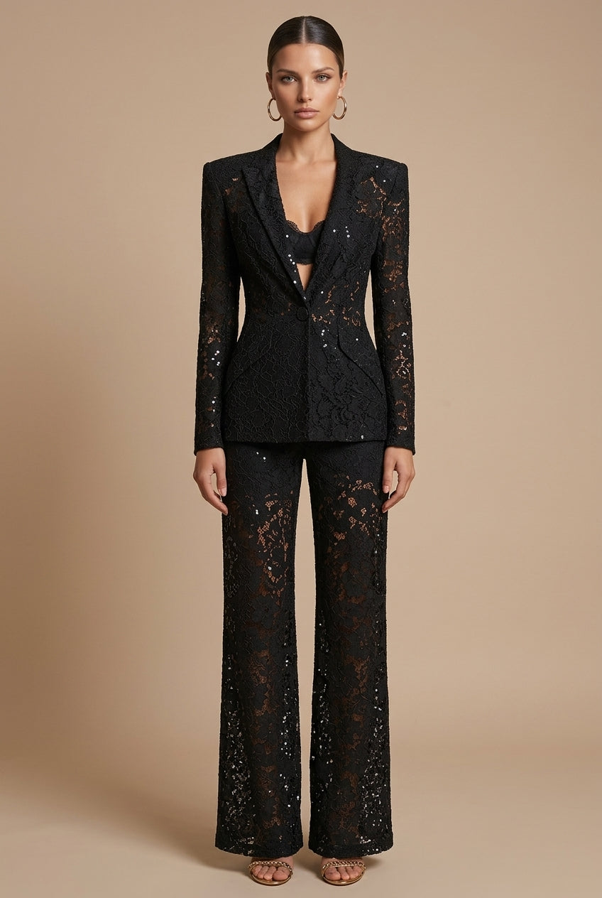 Women's Floral Lace Blazer and Pants Set – Peplum Wide-Leg