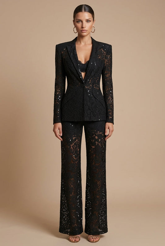 Women's Floral Lace Blazer and Pants Set – Peplum Wide-Leg