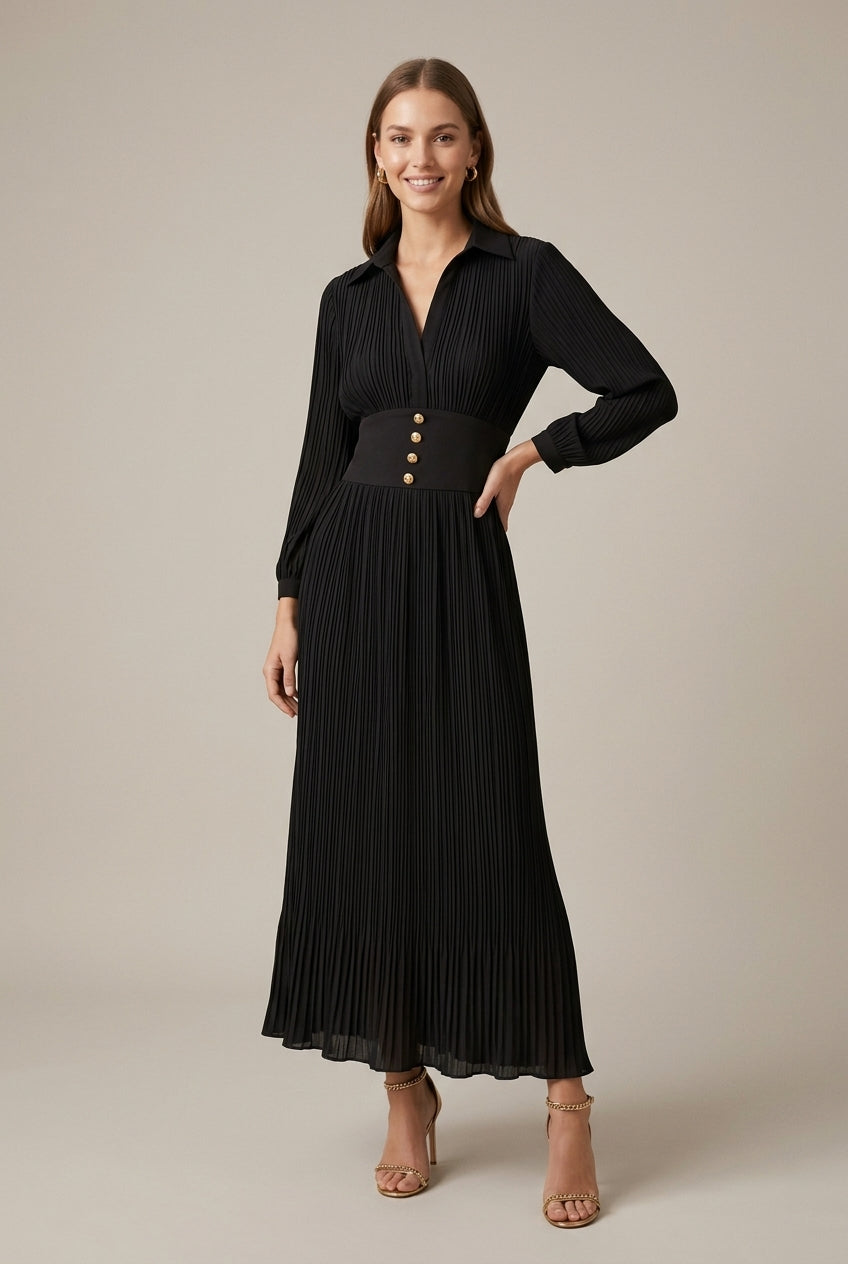 Women's Pleated Maxi Dress – V-Neck Button Waist