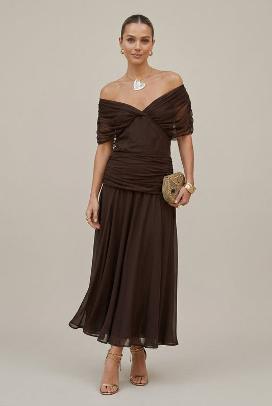 Women's Chiffon Maxi Dress – Off-Shoulder Gathered Waist