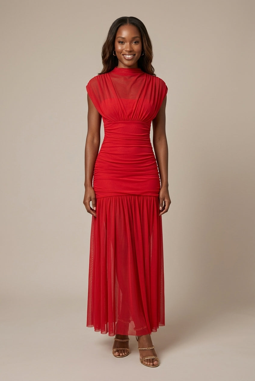 Women's Knit Maxi Dress – High Neck Fitted Flare