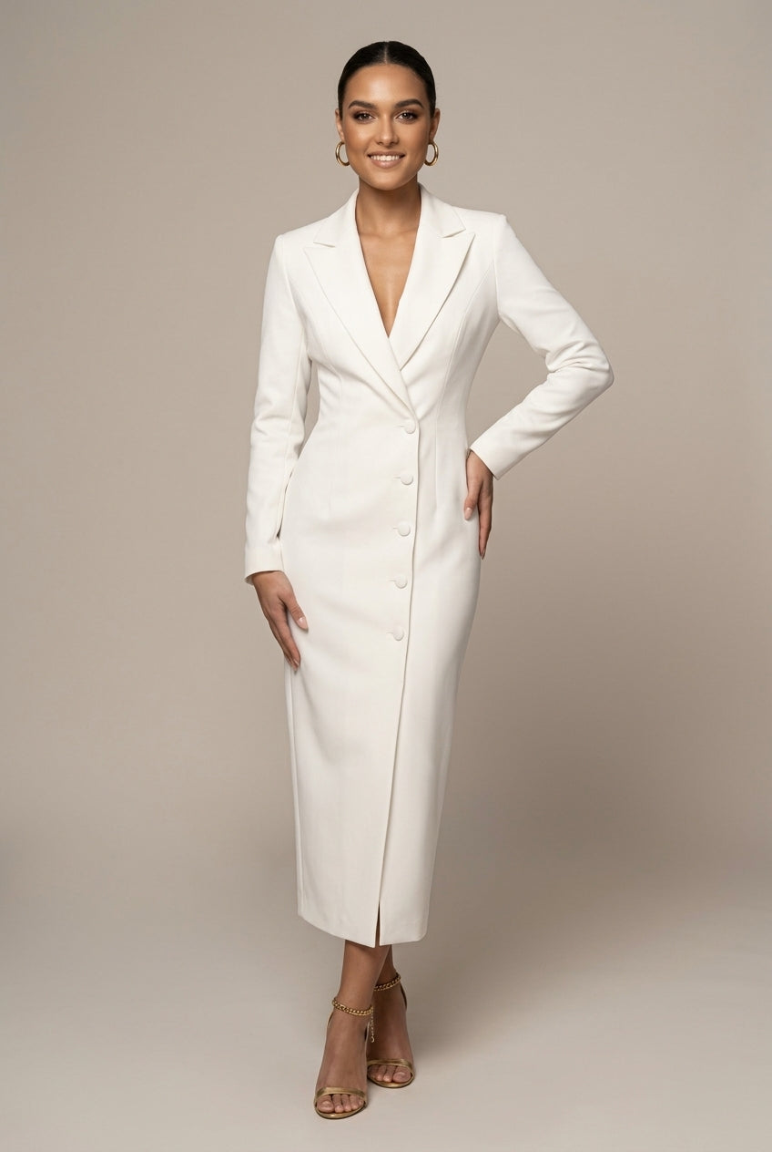 Women's Blazer Midi Dress – Notch Lapel Button Front