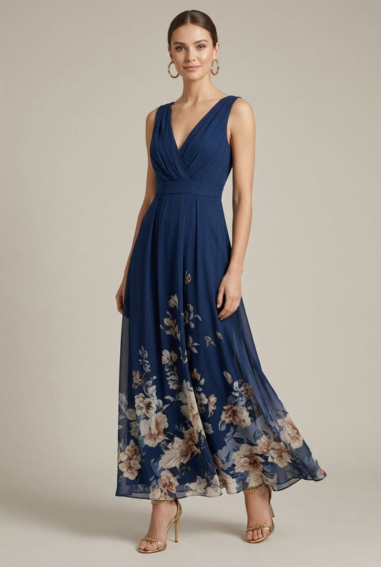 Women's Sleeveless Maxi Dress – V-Neck Floral Border