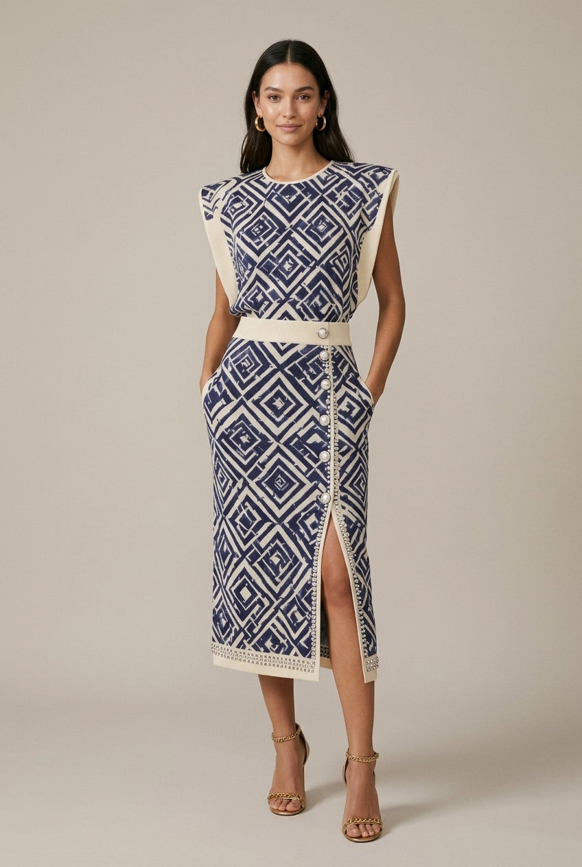Women's Polka Dot Two-Piece Set – Top & Midi Skirt