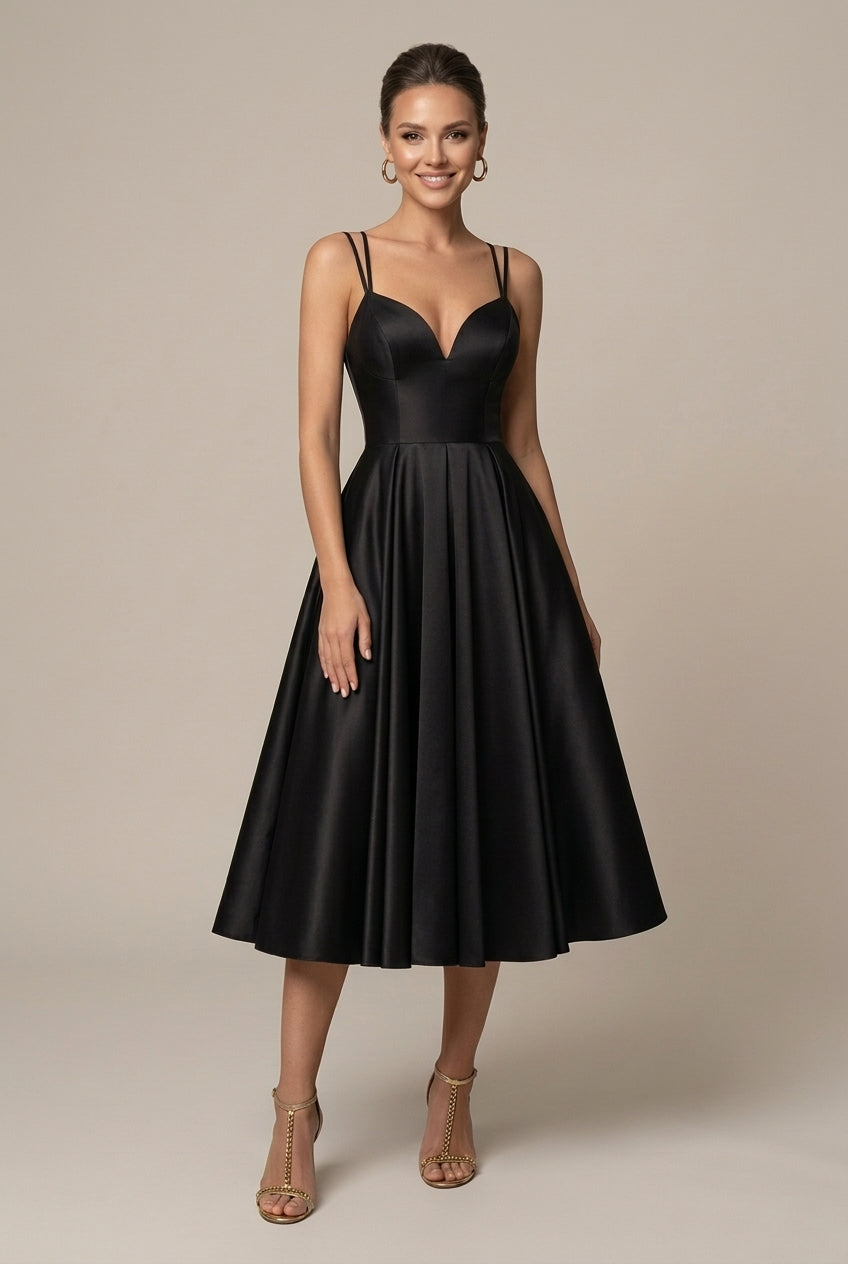 Women's A-Line Midi Dress – V-Neck Double Straps