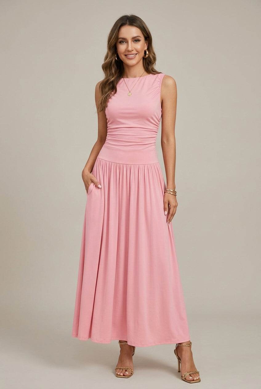 Women's Sleeveless Maxi Dress – Gathered Waist, Full Skirt